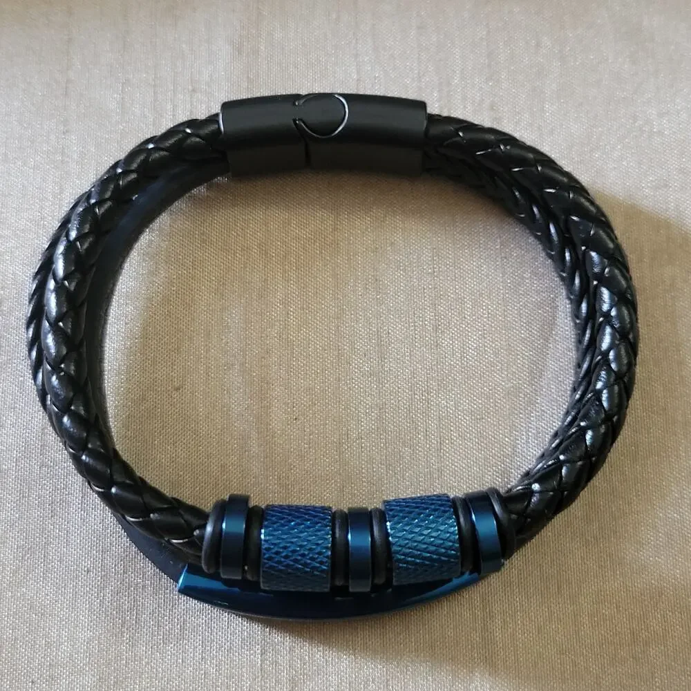 Blue stainless steel & black faux leather layered beaded bracelet magnetic clasp